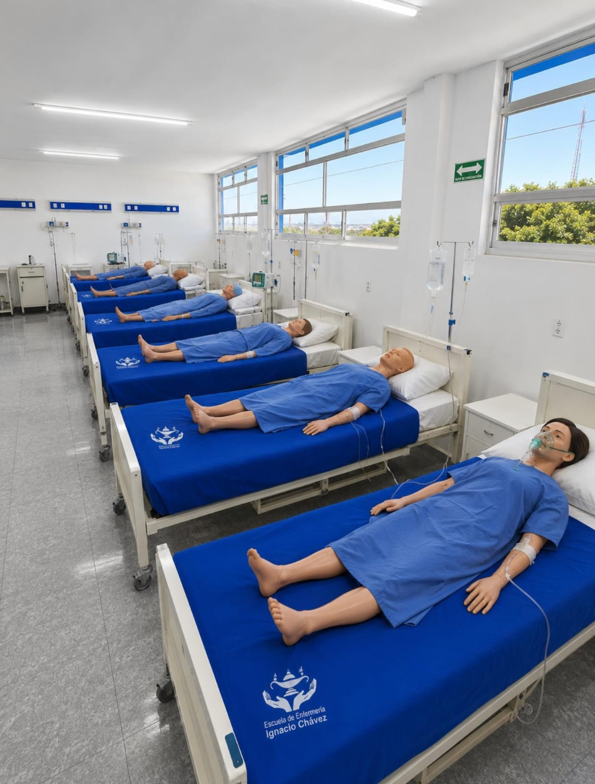 Sala de hospitalización con maniquíes de simulación