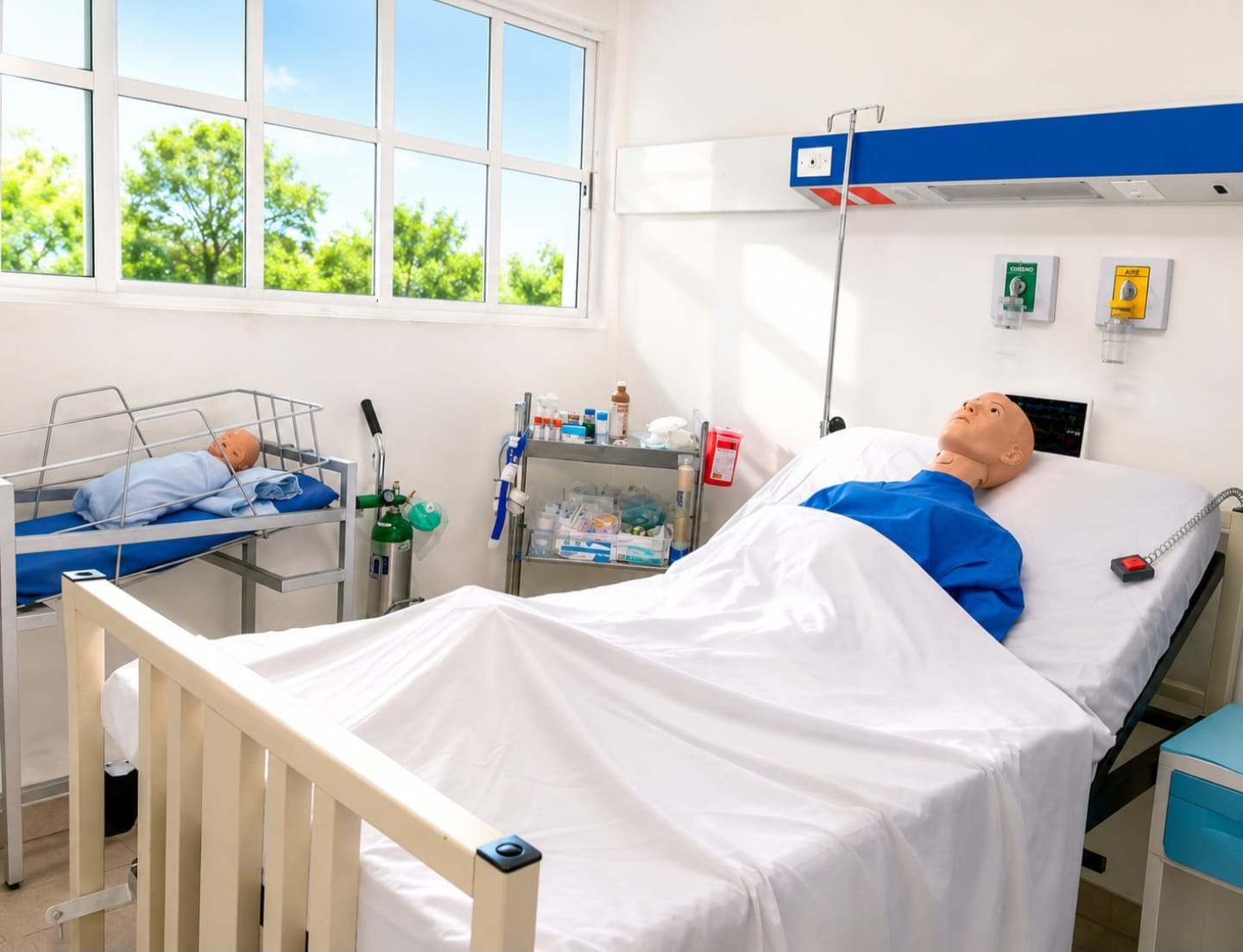 Práctica de hospitalización con maniquíes en cama